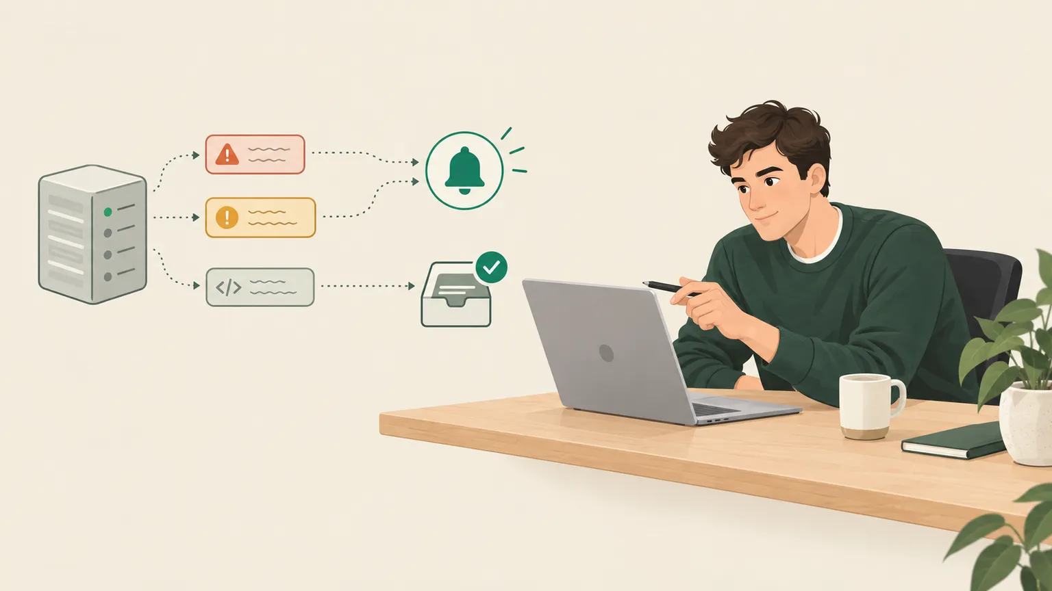 Un desarrollador señala en la laptop errores con forma y código propios, que van a una alarma o a un archivo según cuál sea.