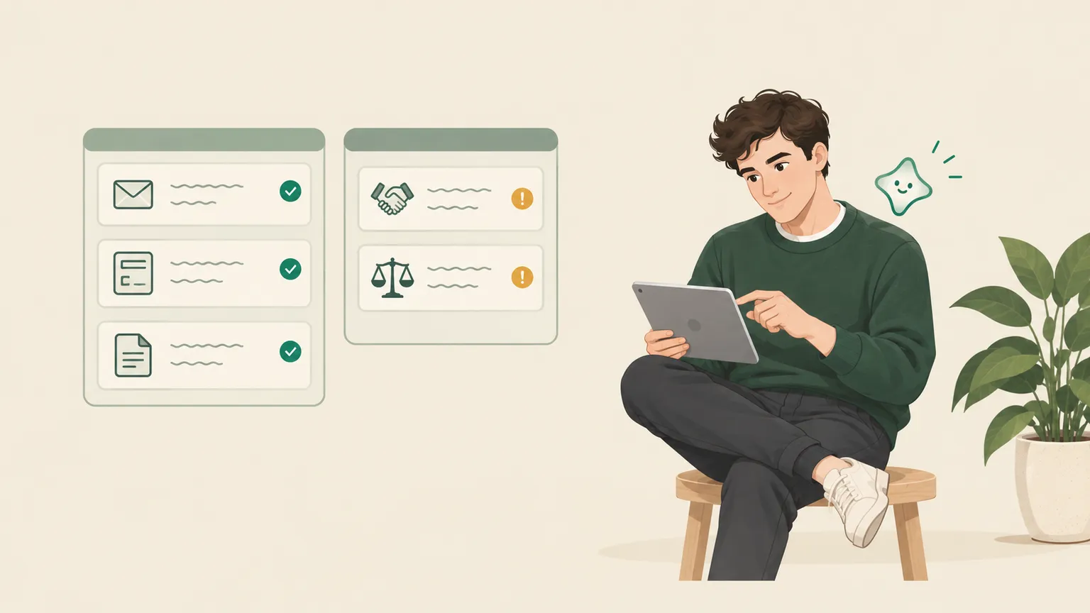 Un desarrollador con una tablet y un asistente de IA separa tareas repetitivas, que sí, de las que piden criterio, que no.